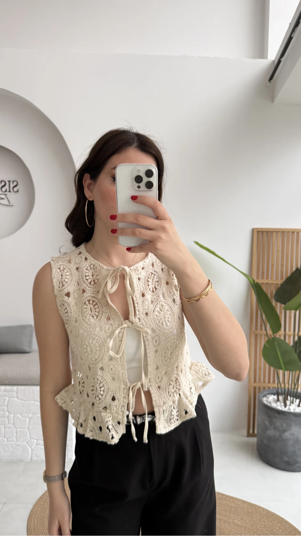 Dantelli Önden Bağlamalı Yelek - Ekru - Kod: 39161