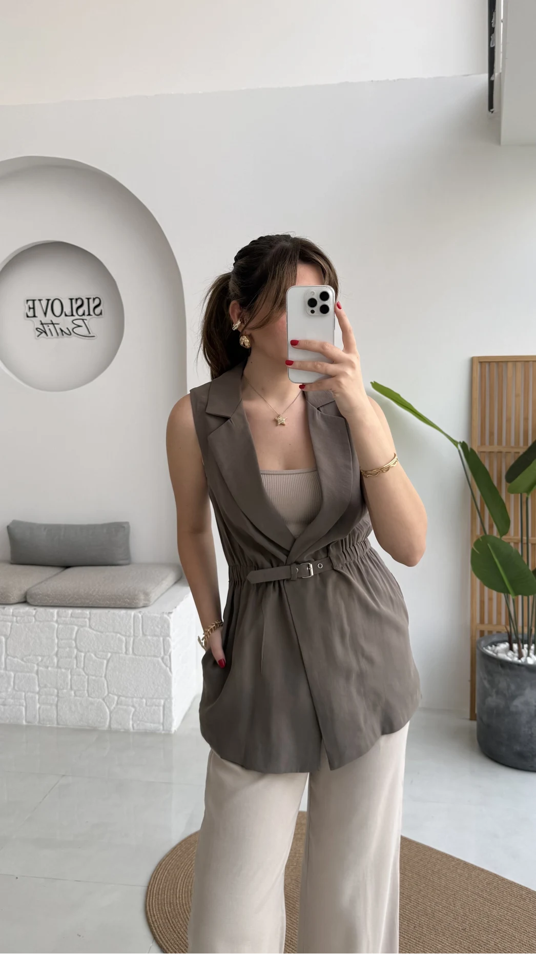 Modal Süet Kemerli Yelek - Haki - Kod: 8019