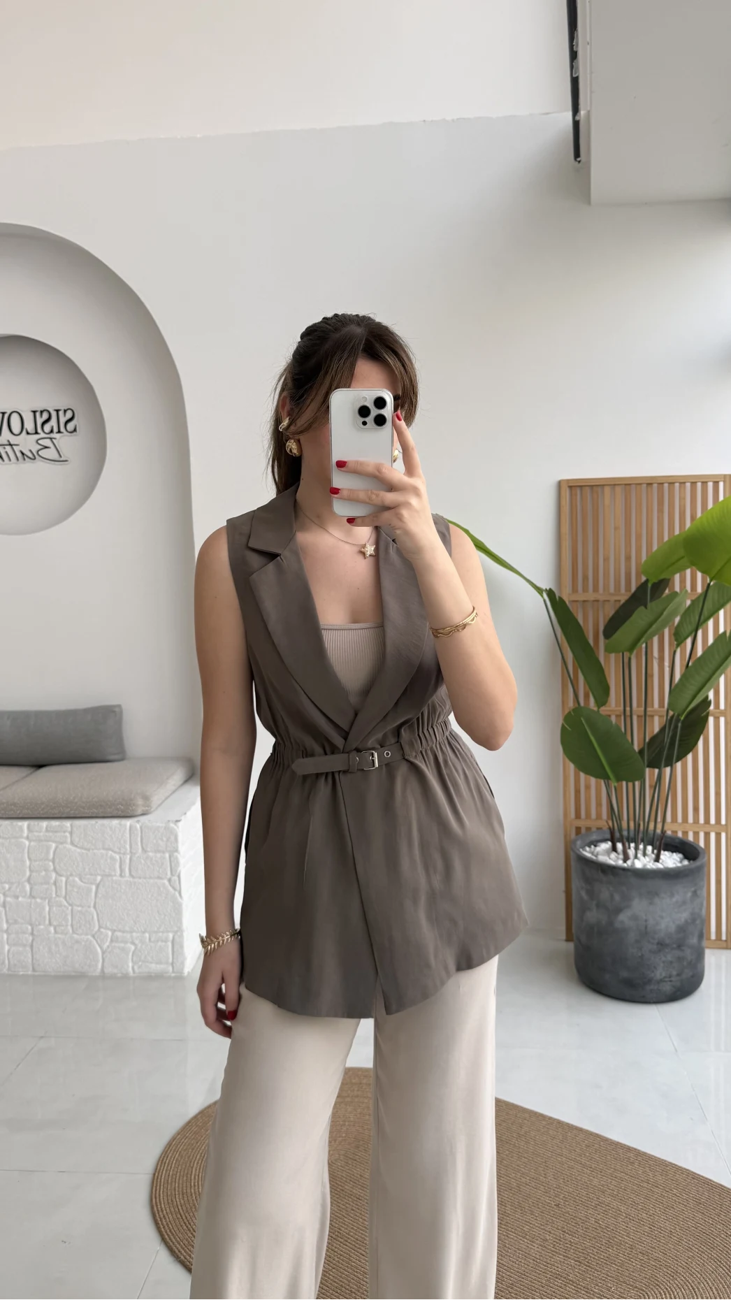 Modal Süet Kemerli Yelek - Haki - Kod: 8019