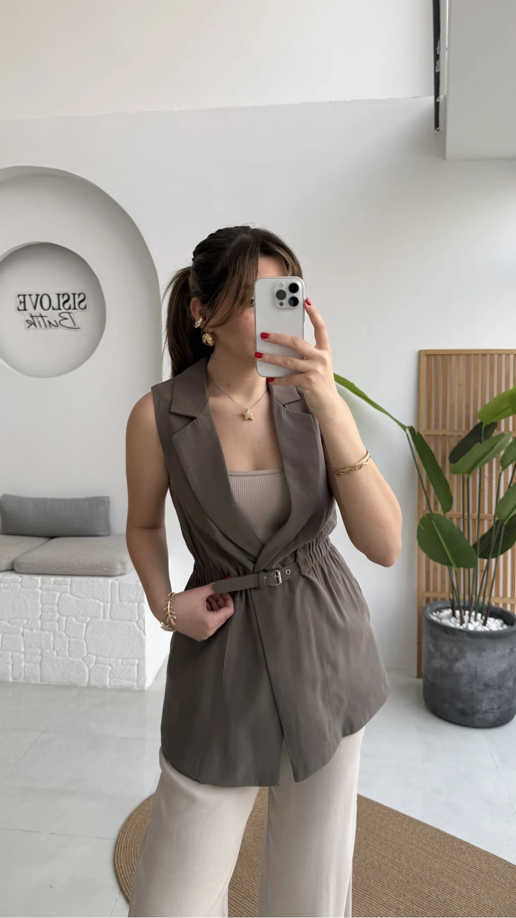 Modal Süet Kemerli Yelek - Haki - Kod: 8019