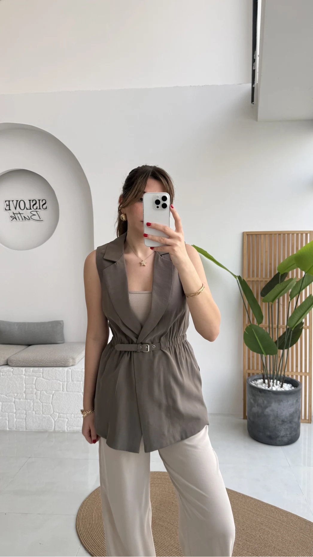 Modal Süet Kemerli Yelek - Haki - Kod: 8019