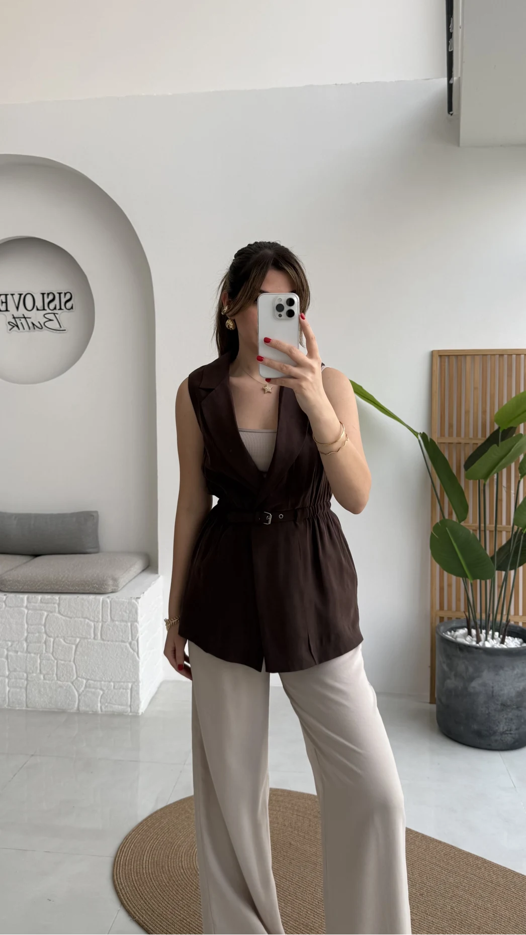 Modal Süet Kemerli Yelek - Kahverengi - Kod: 8019