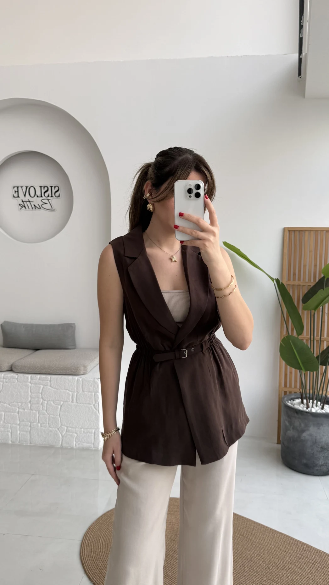 Modal Süet Kemerli Yelek - Kahverengi - Kod: 8019