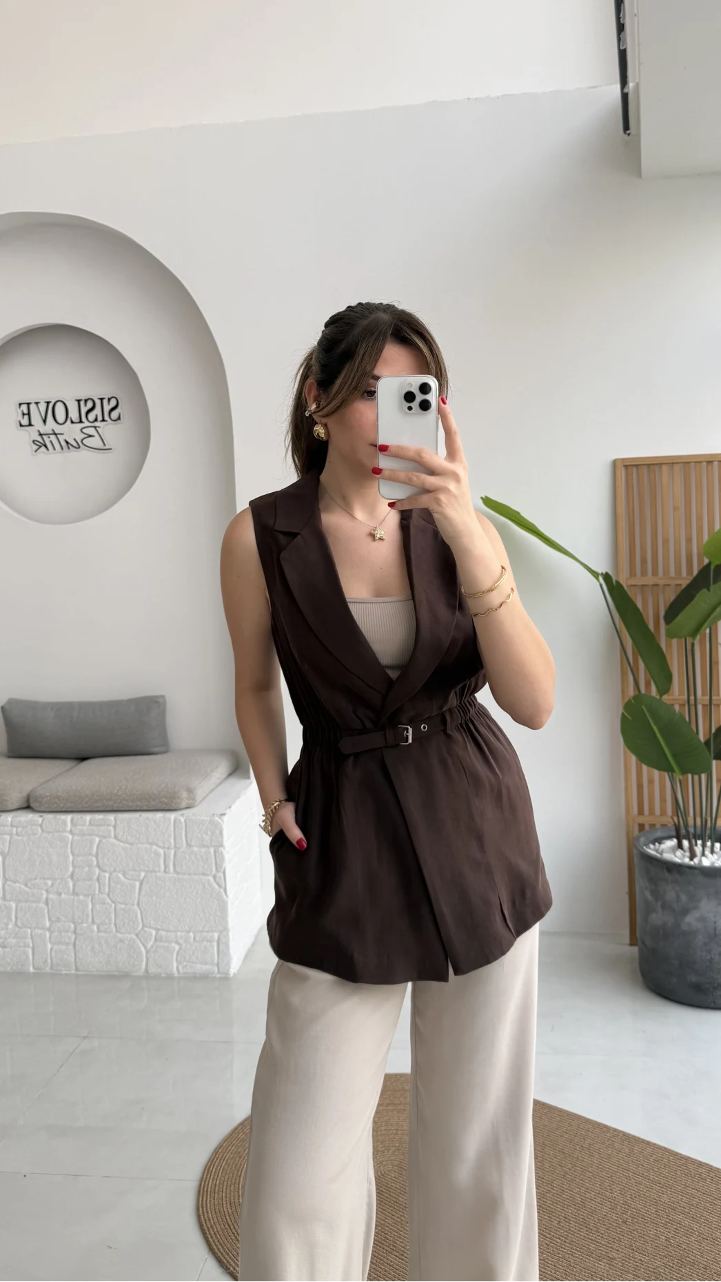 Modal Süet Kemerli Yelek - Kahverengi - Kod: 8019