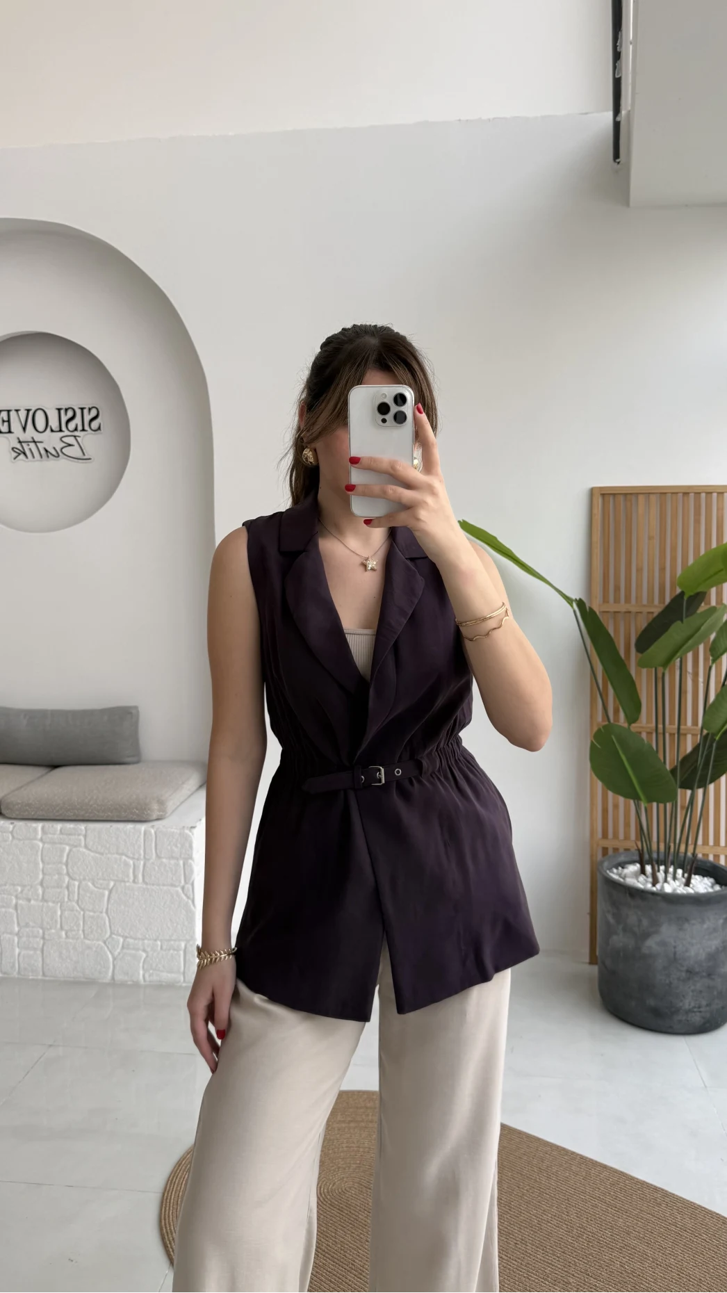 Modal Süet Kemerli Yelek - Mürdüm - Kod: 8019