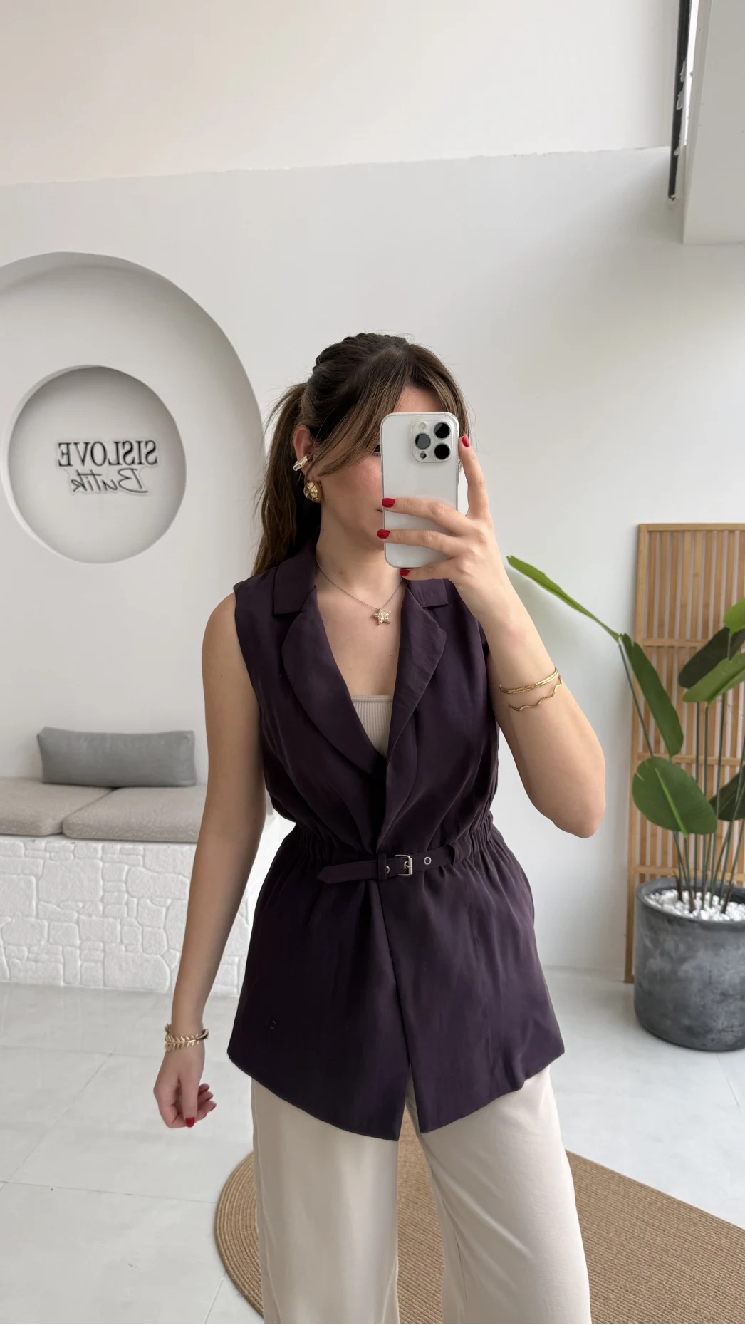 Modal Süet Kemerli Yelek - Mürdüm - Kod: 8019