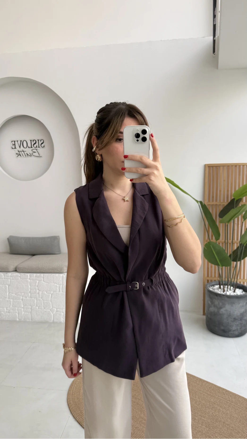 Modal Süet Kemerli Yelek - Mürdüm - Kod: 8019