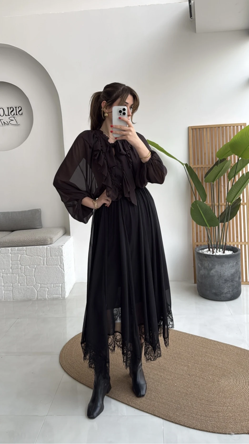 Arya Dantel Detay Asimetrik Kesim Şifon Etek - Siyah - Kod: 5050