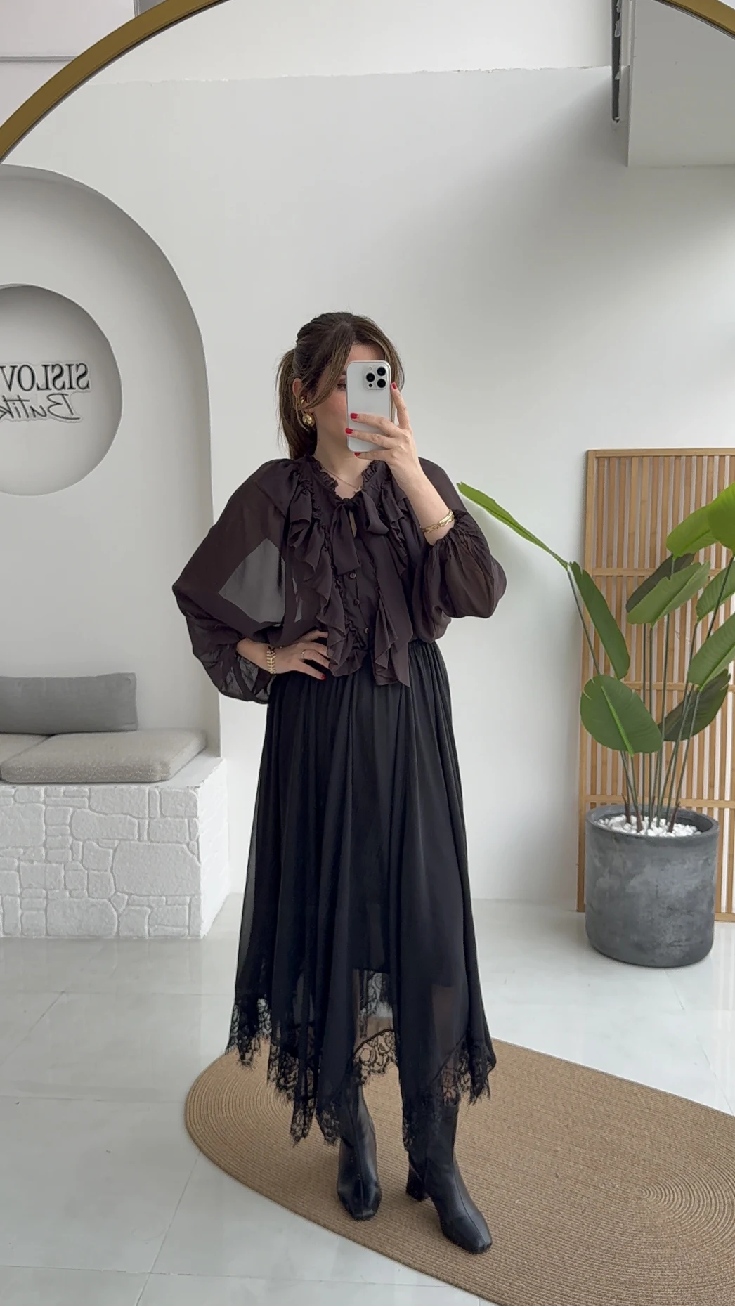 Arya Dantel Detay Asimetrik Kesim Şifon Etek - Siyah - Kod: 5050