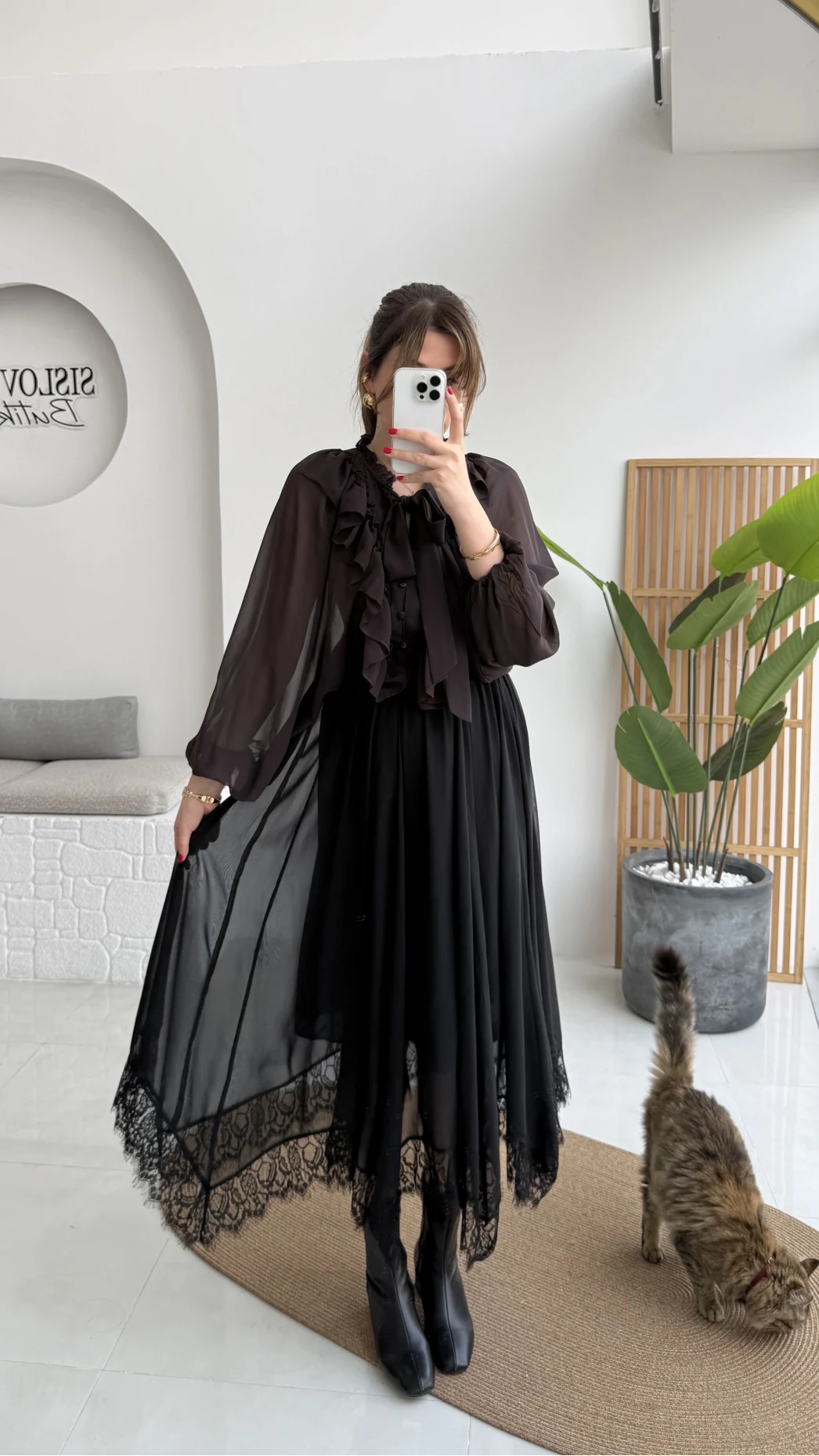 Arya Dantel Detay Asimetrik Kesim Şifon Etek - Siyah - Kod: 5050