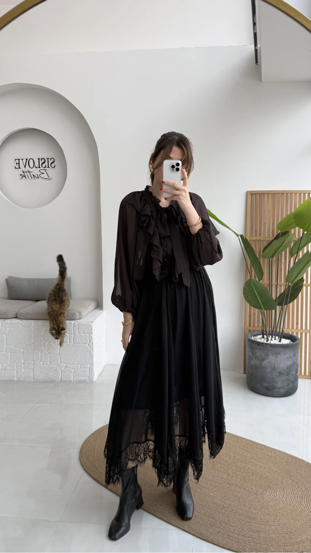 Arya Dantel Detay Asimetrik Kesim Şifon Etek - Siyah - Kod: 5050