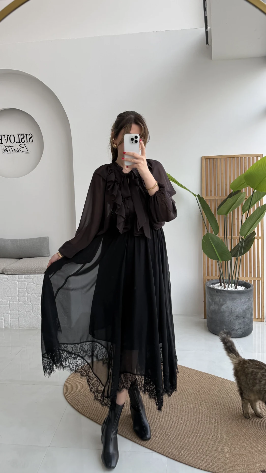 Arya Dantel Detay Asimetrik Kesim Şifon Etek - Siyah - Kod: 5050