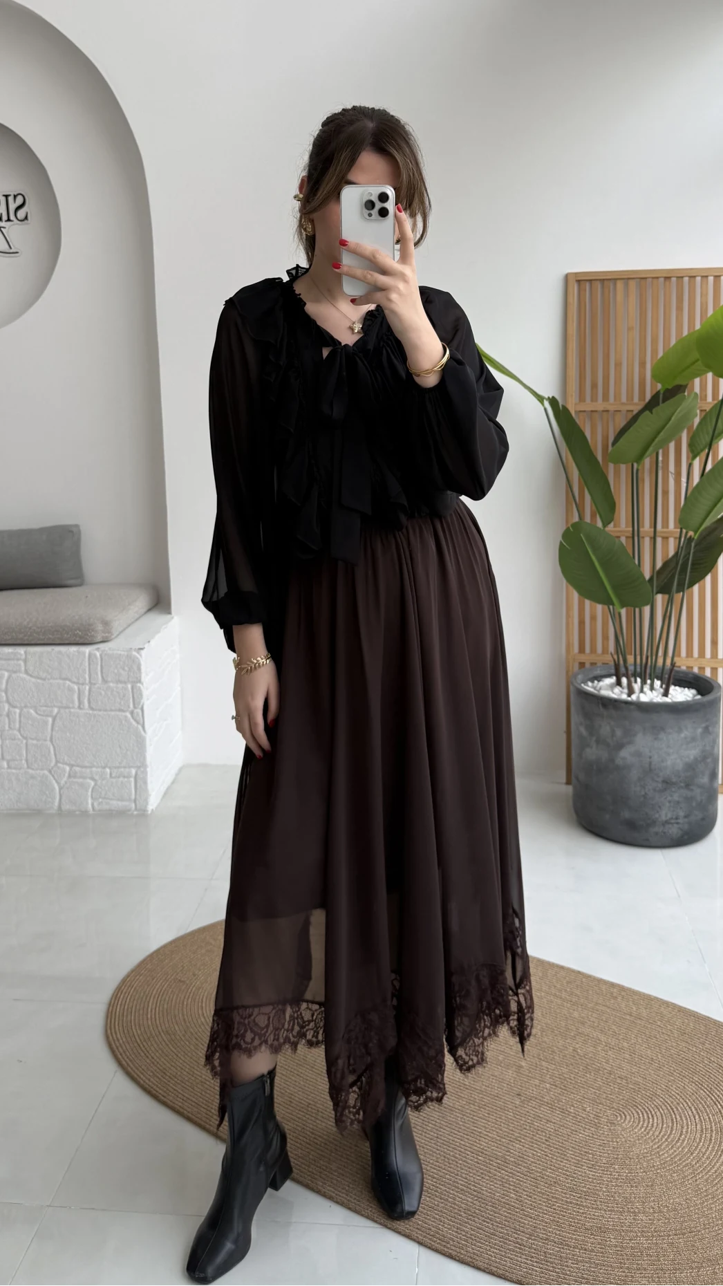 Arya Dantel Detay Asimetrik Kesim Şifon Etek - Kahverengi - Kod: 5050