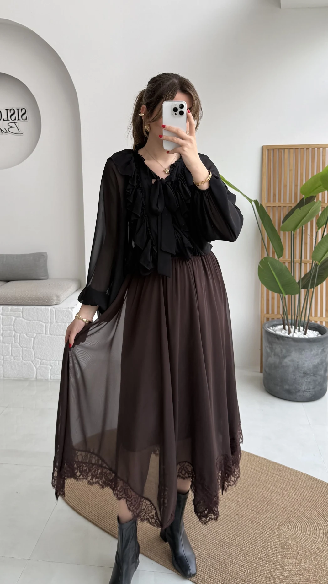 Arya Dantel Detay Asimetrik Kesim Şifon Etek - Kahverengi - Kod: 5050