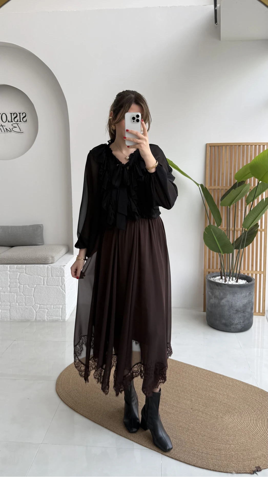 Arya Dantel Detay Asimetrik Kesim Şifon Etek - Kahverengi - Kod: 5050