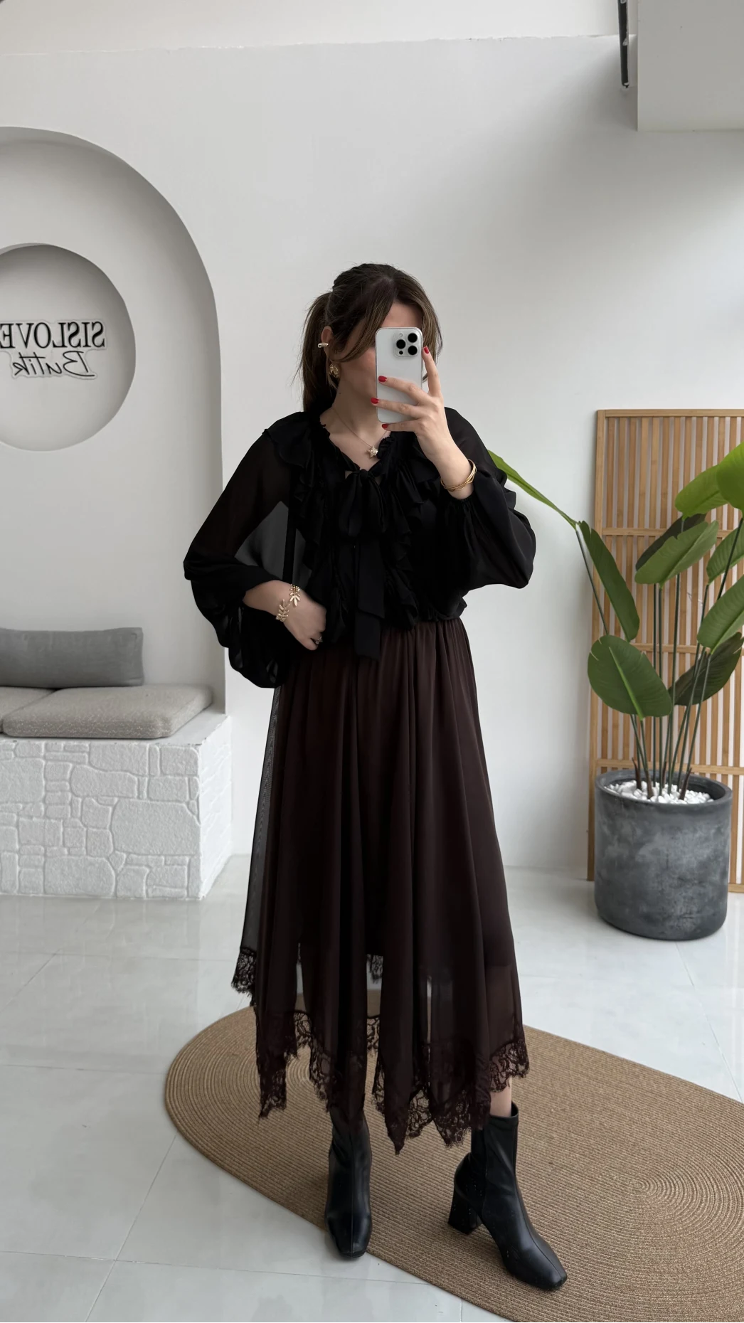 Arya Dantel Detay Asimetrik Kesim Şifon Etek - Kahverengi - Kod: 5050