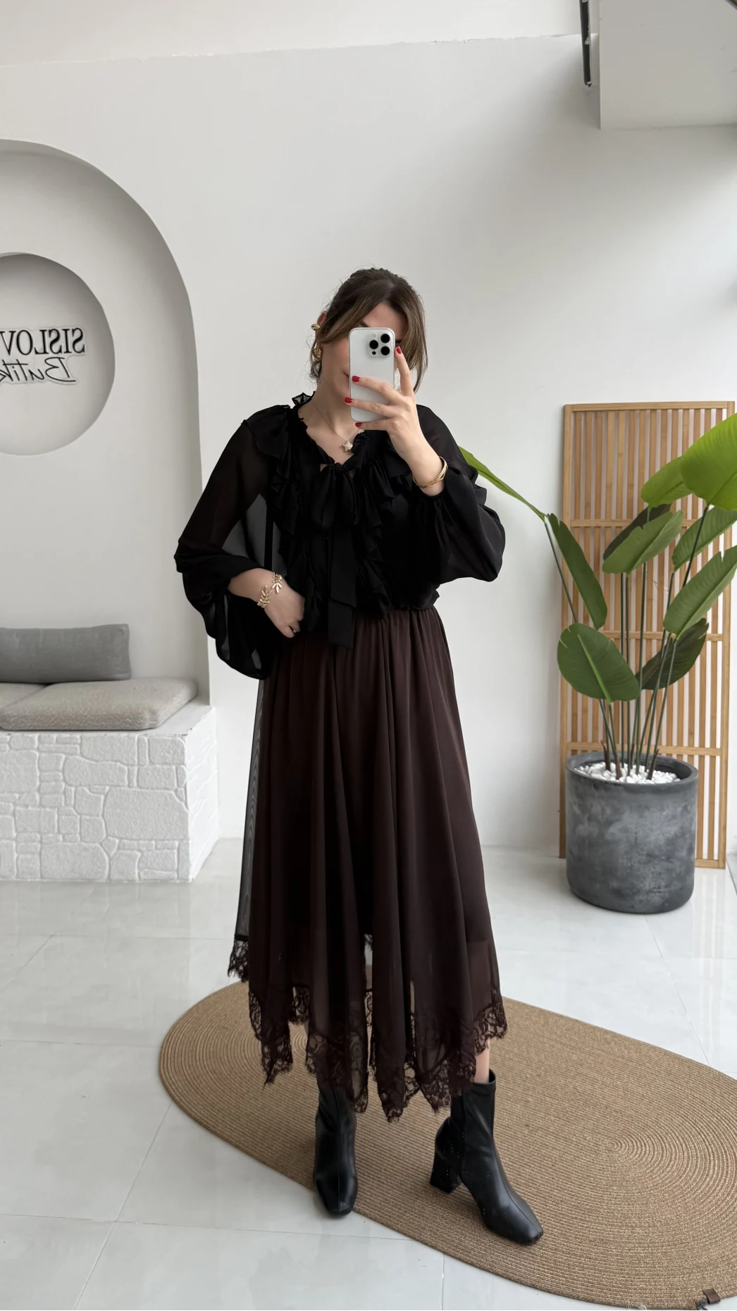 Arya Dantel Detay Asimetrik Kesim Şifon Etek - Kahverengi - Kod: 5050