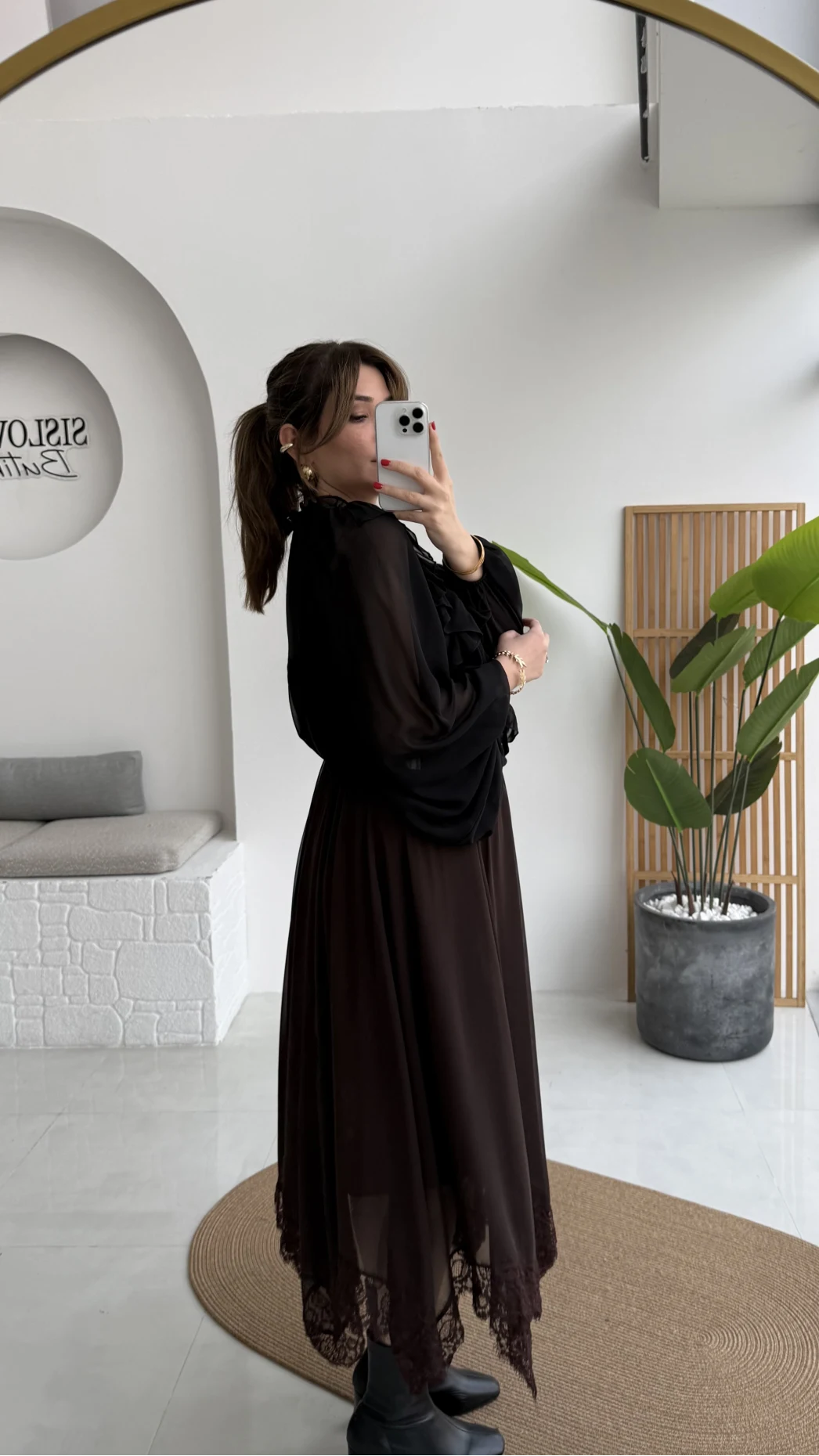 Arya Dantel Detay Asimetrik Kesim Şifon Etek - Kahverengi - Kod: 5050