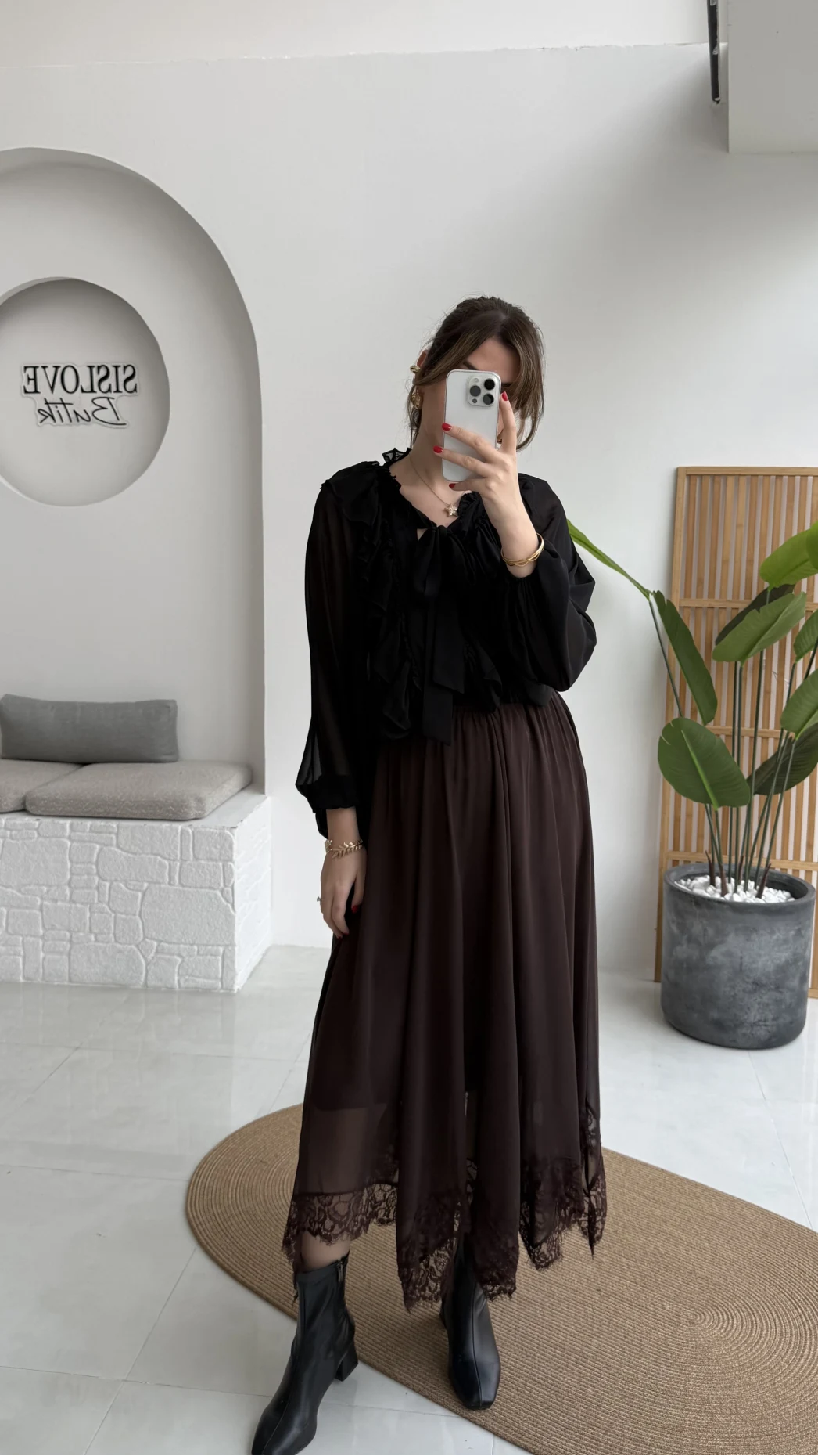 Arya Dantel Detay Asimetrik Kesim Şifon Etek - Kahverengi - Kod: 5050