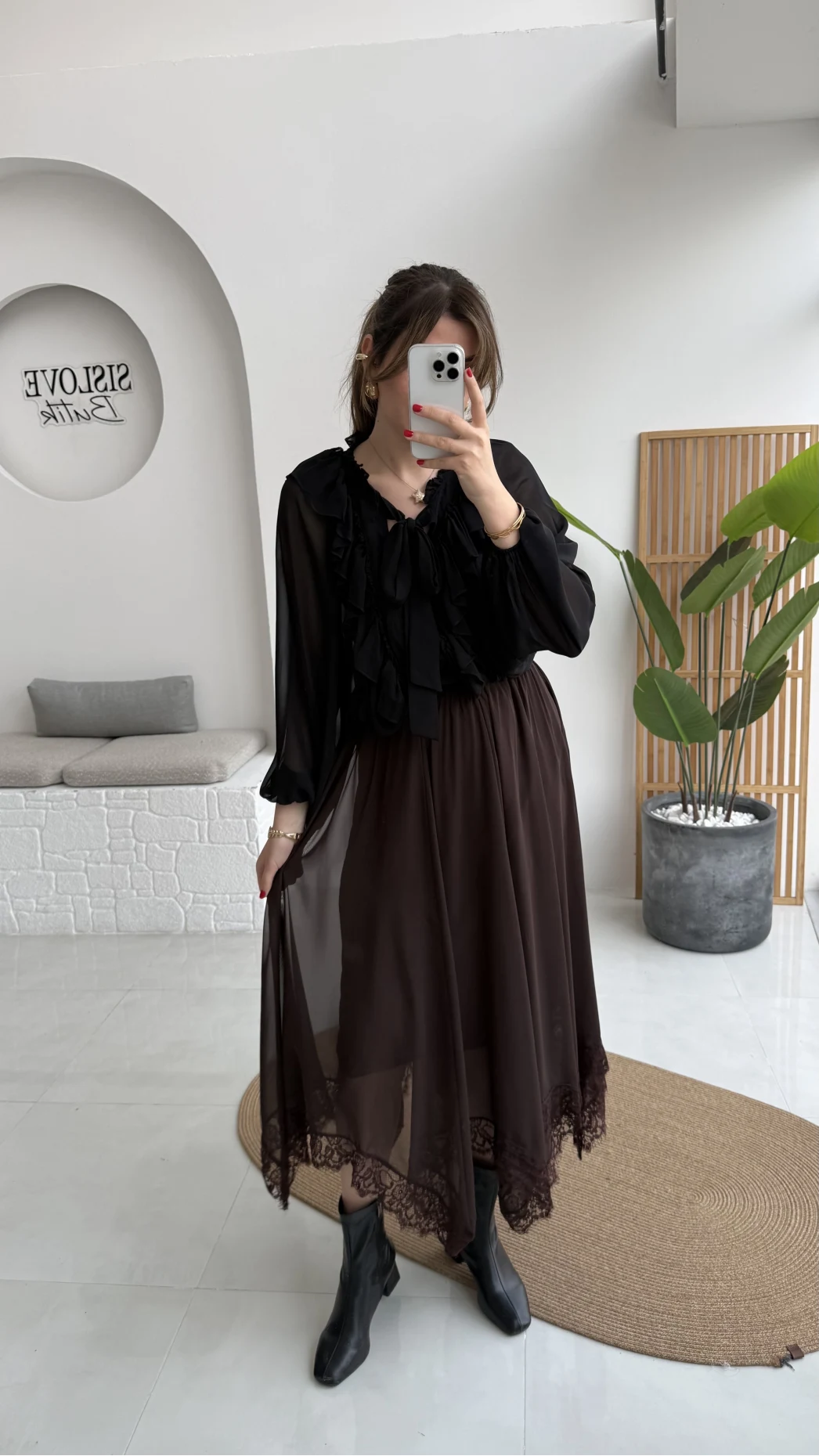 Arya Dantel Detay Asimetrik Kesim Şifon Etek - Kahverengi - Kod: 5050