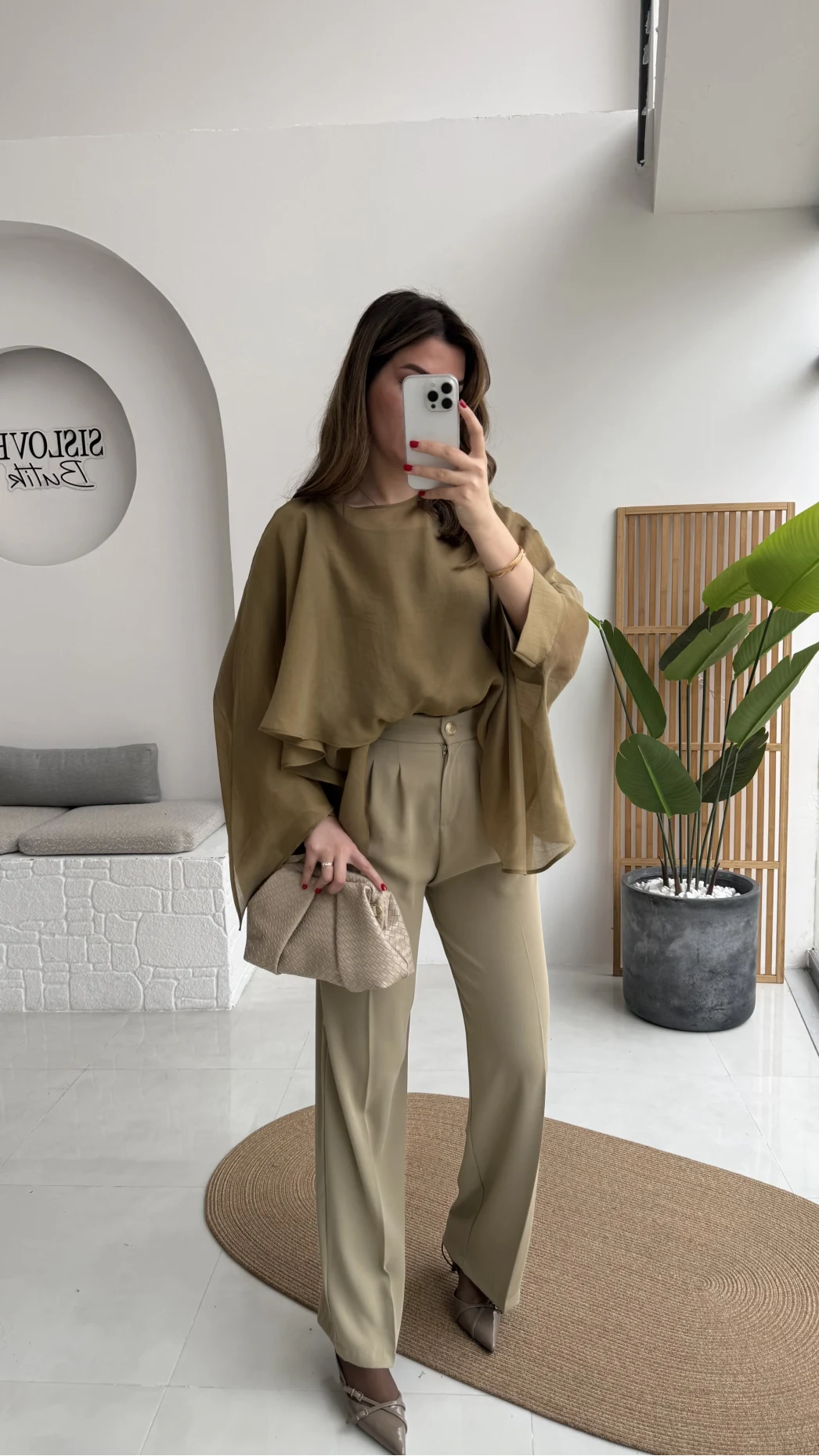 Pileli Palazzo Dökümlü Kumaş Pantolon - Ada Çayı Yeşil - Kod: 51078