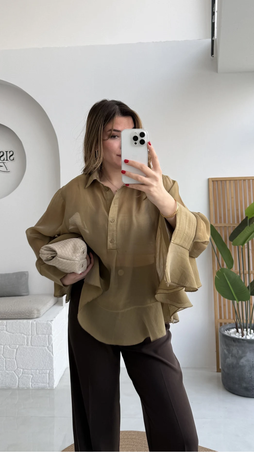 Polo Yaka Fırfırlı Bluz - Olive - Kod: 5031