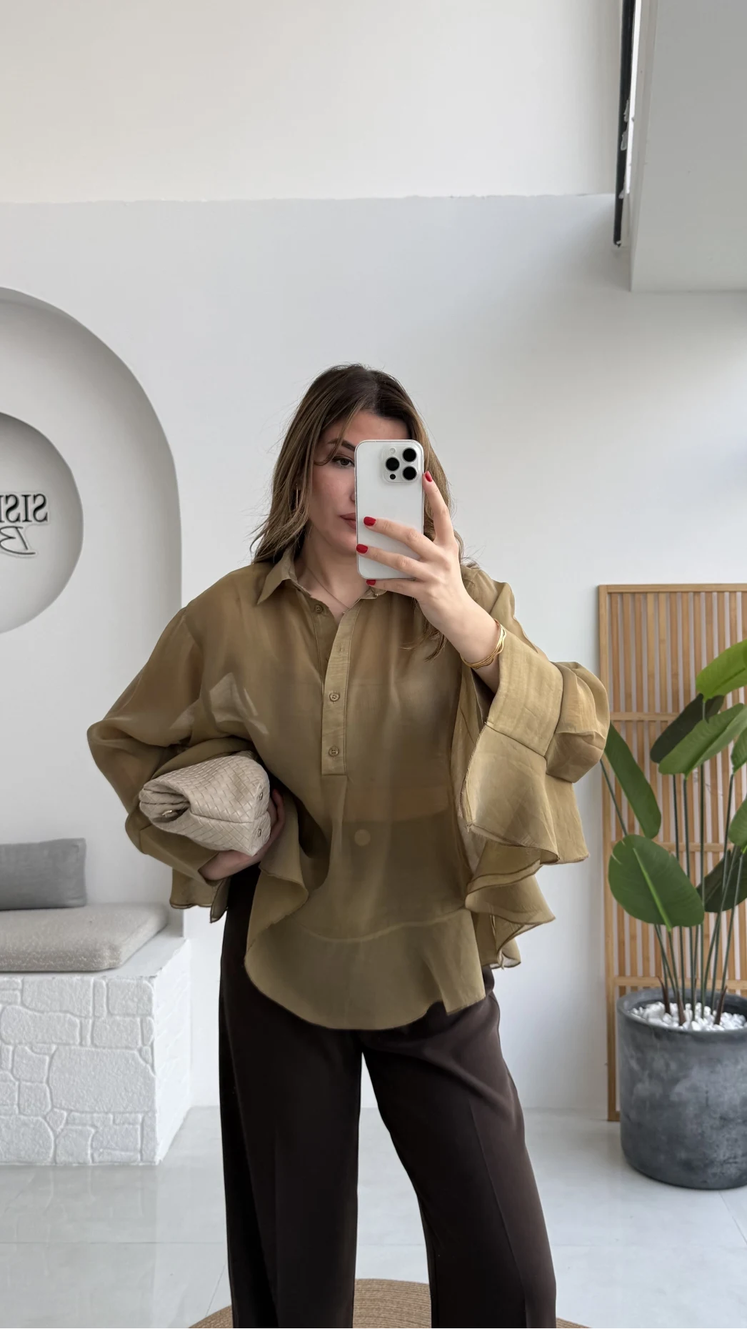 Polo Yaka Fırfırlı Bluz - Olive - Kod: 5031