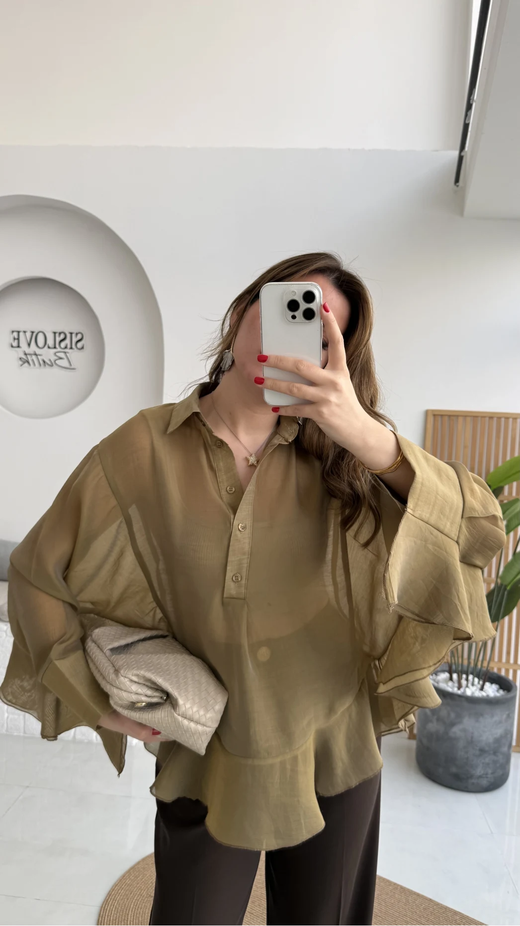 Polo Yaka Fırfırlı Bluz - Olive - Kod: 5031