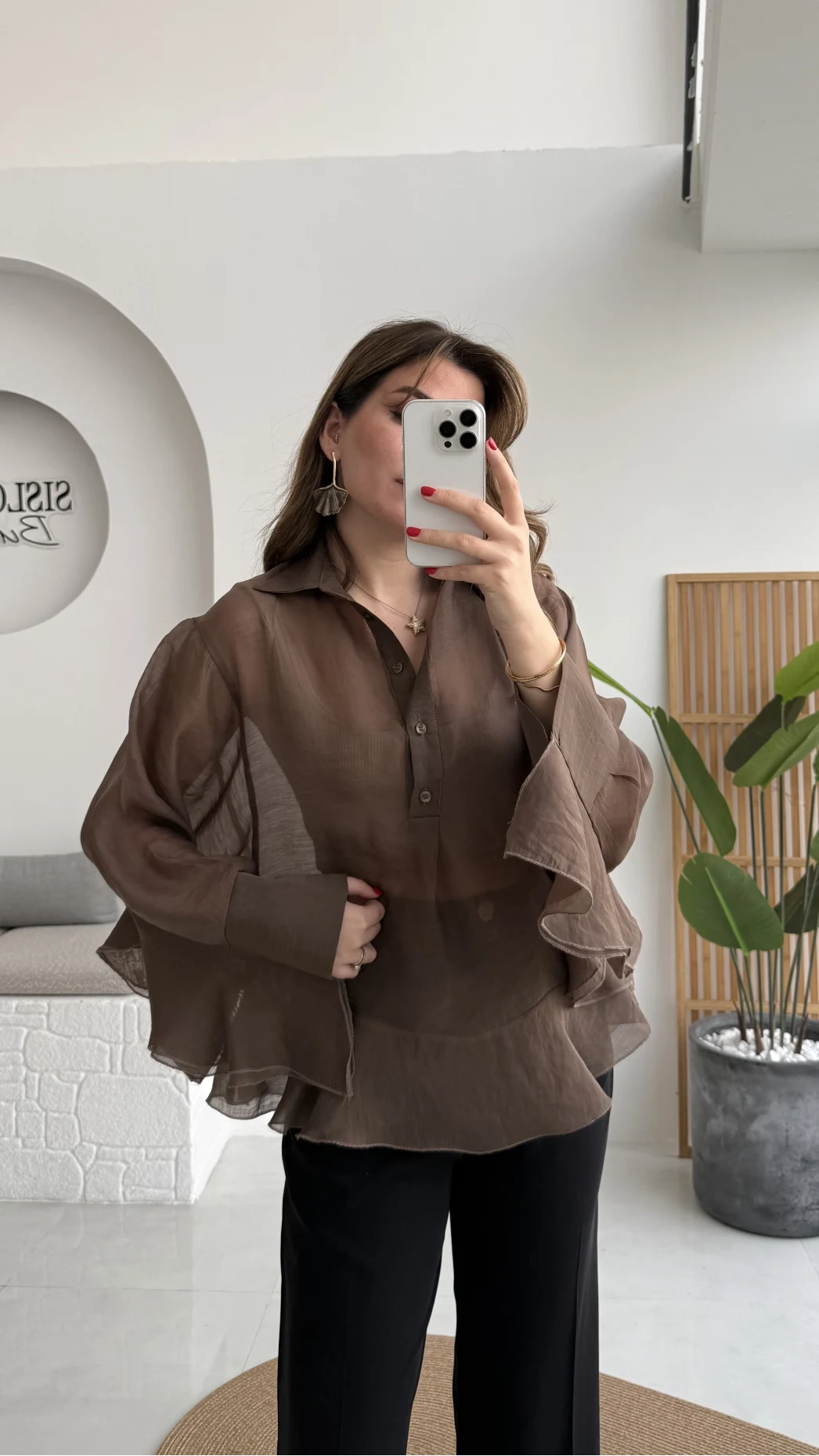 Polo Yaka Fırfırlı Bluz - Kahve - Kod: 5031