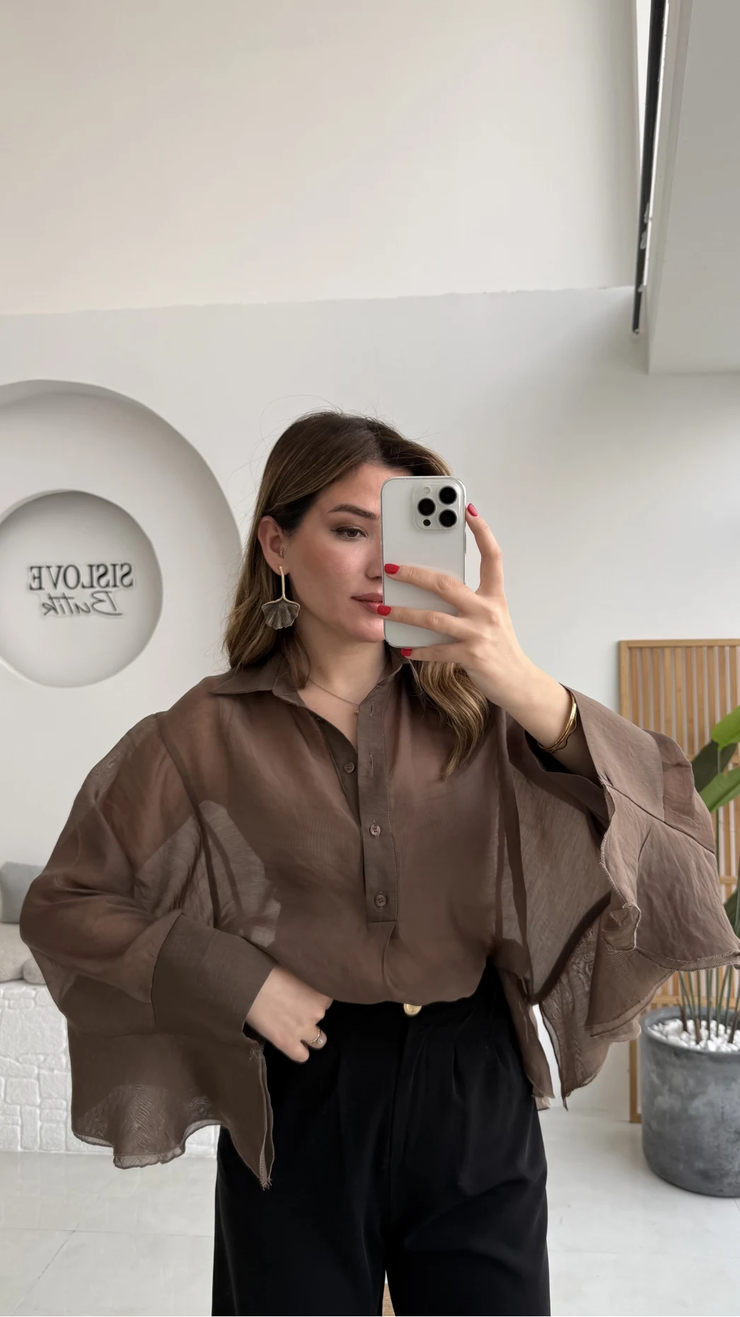 Polo Yaka Fırfırlı Bluz - Kahve - Kod: 5031