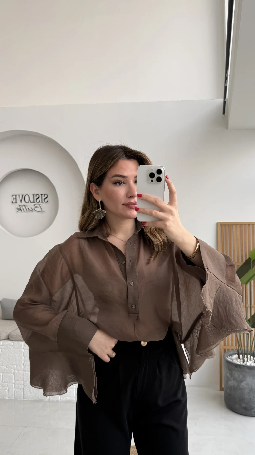 Polo Yaka Fırfırlı Bluz - Kahve - Kod: 5031