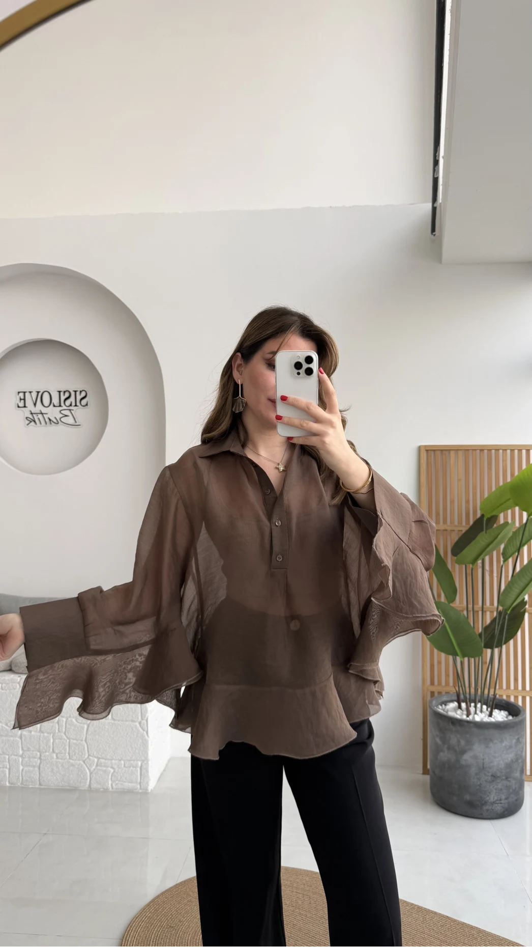 Polo Yaka Fırfırlı Bluz - Kahve - Kod: 5031