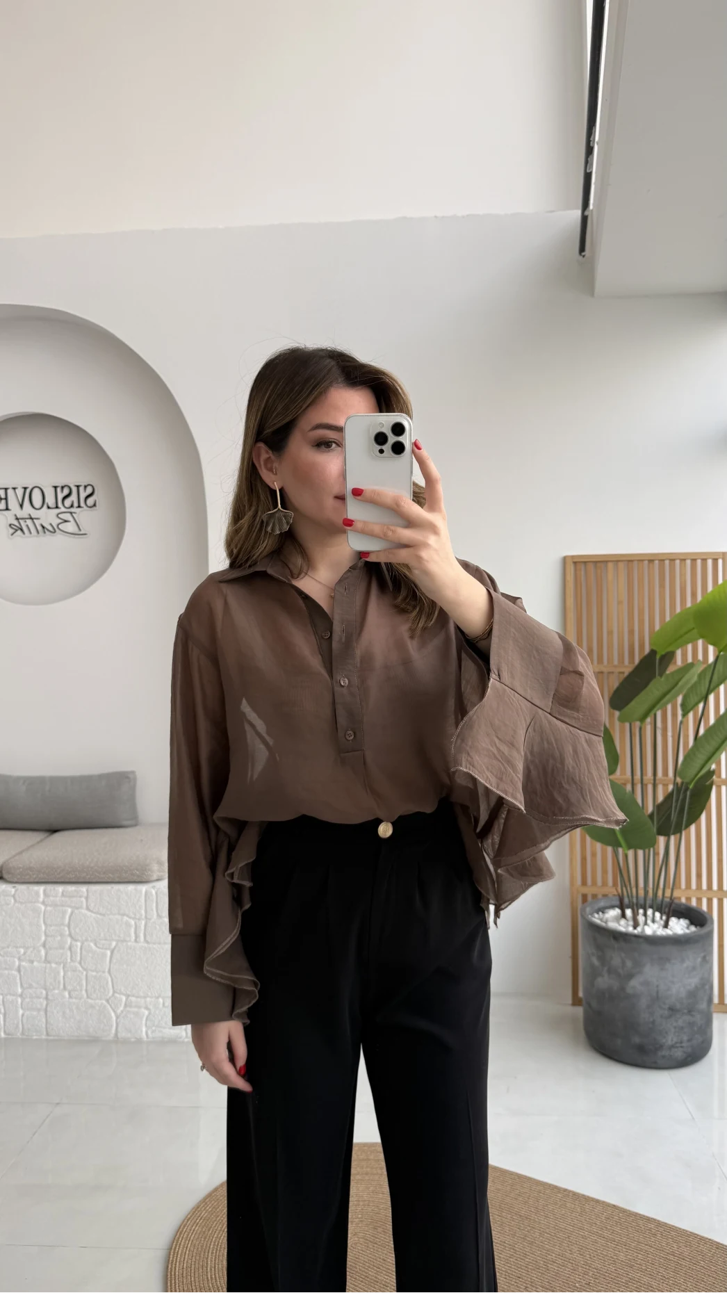 Polo Yaka Fırfırlı Bluz - Kahve - Kod: 5031