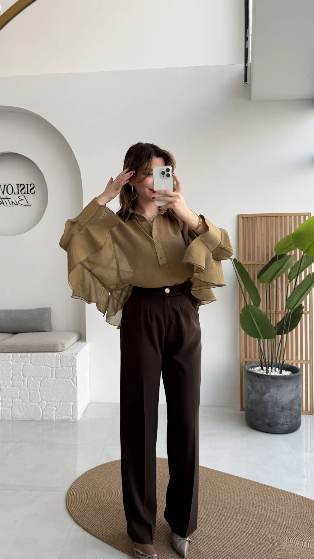 Pileli Palazzo Dökümlü Kumaş Pantolon - Kahve - Kod: 51078