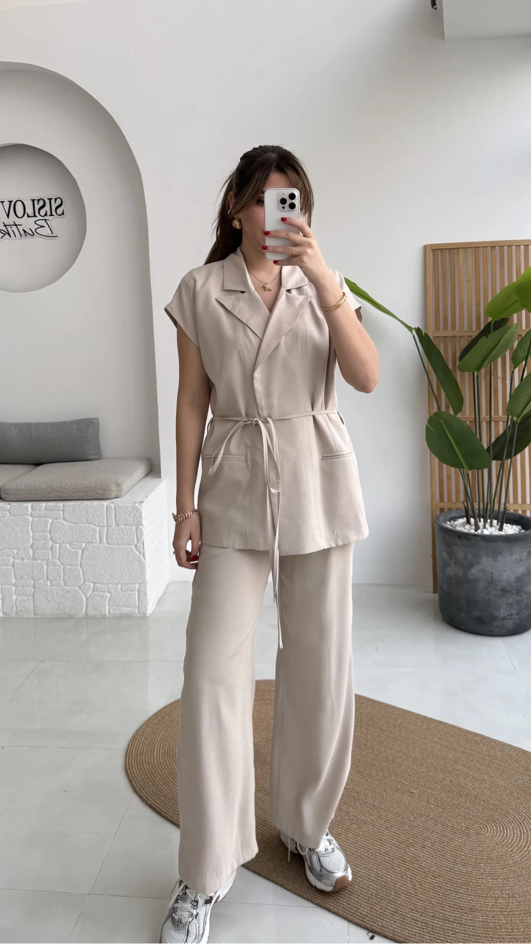 İp Bağlamalı Yelek Pantolon Takım - Taş - Kod: 8021 4041