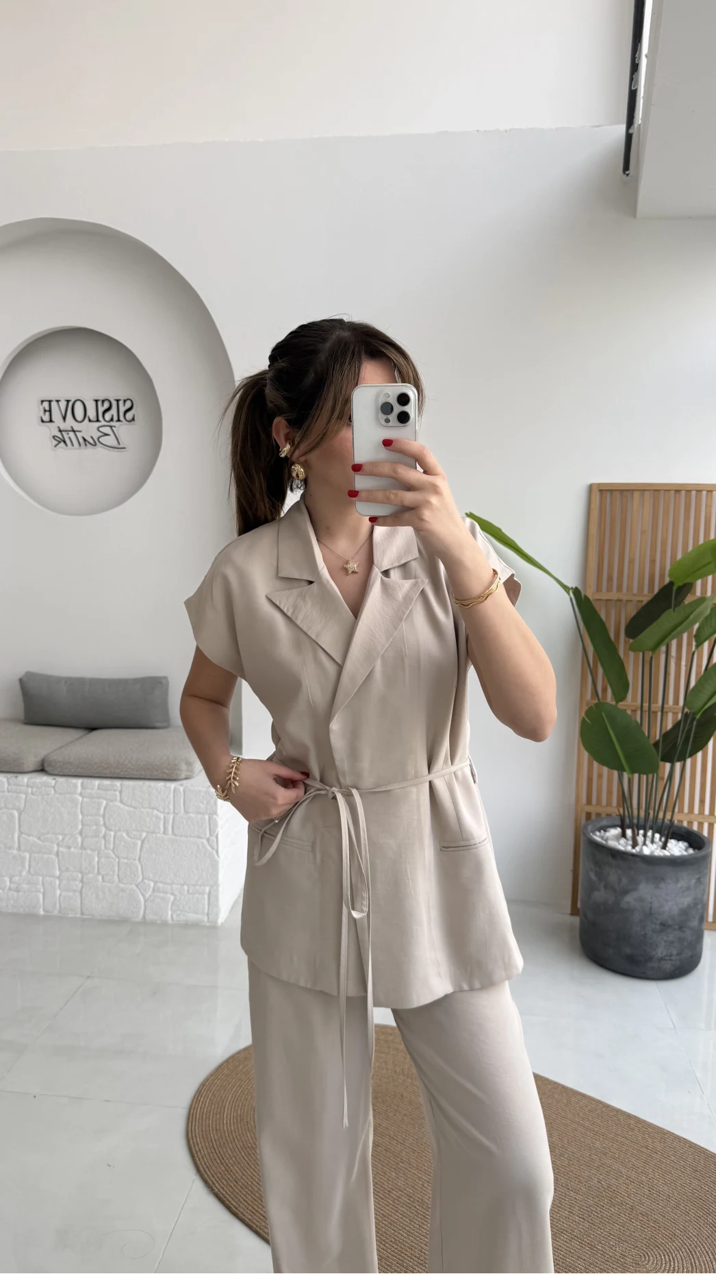 İp Bağlamalı Yelek Pantolon Takım - Taş - Kod: 8021 4041