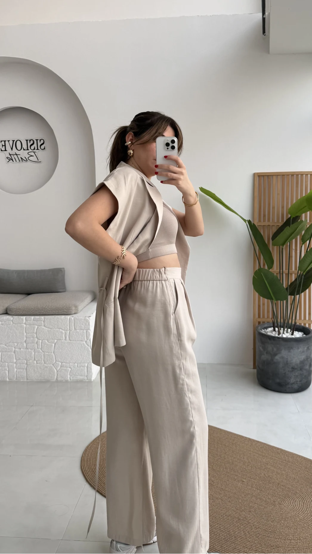 İp Bağlamalı Yelek Pantolon Takım - Taş - Kod: 8021 4041