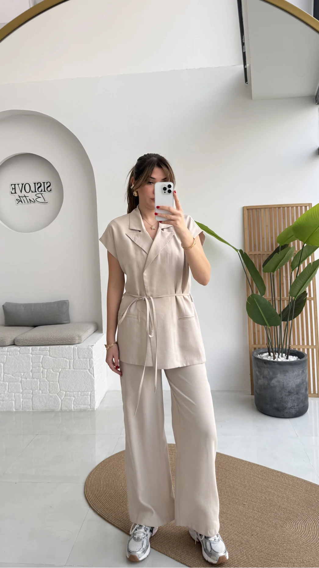 İp Bağlamalı Yelek Pantolon Takım - Taş - Kod: 8021 4041