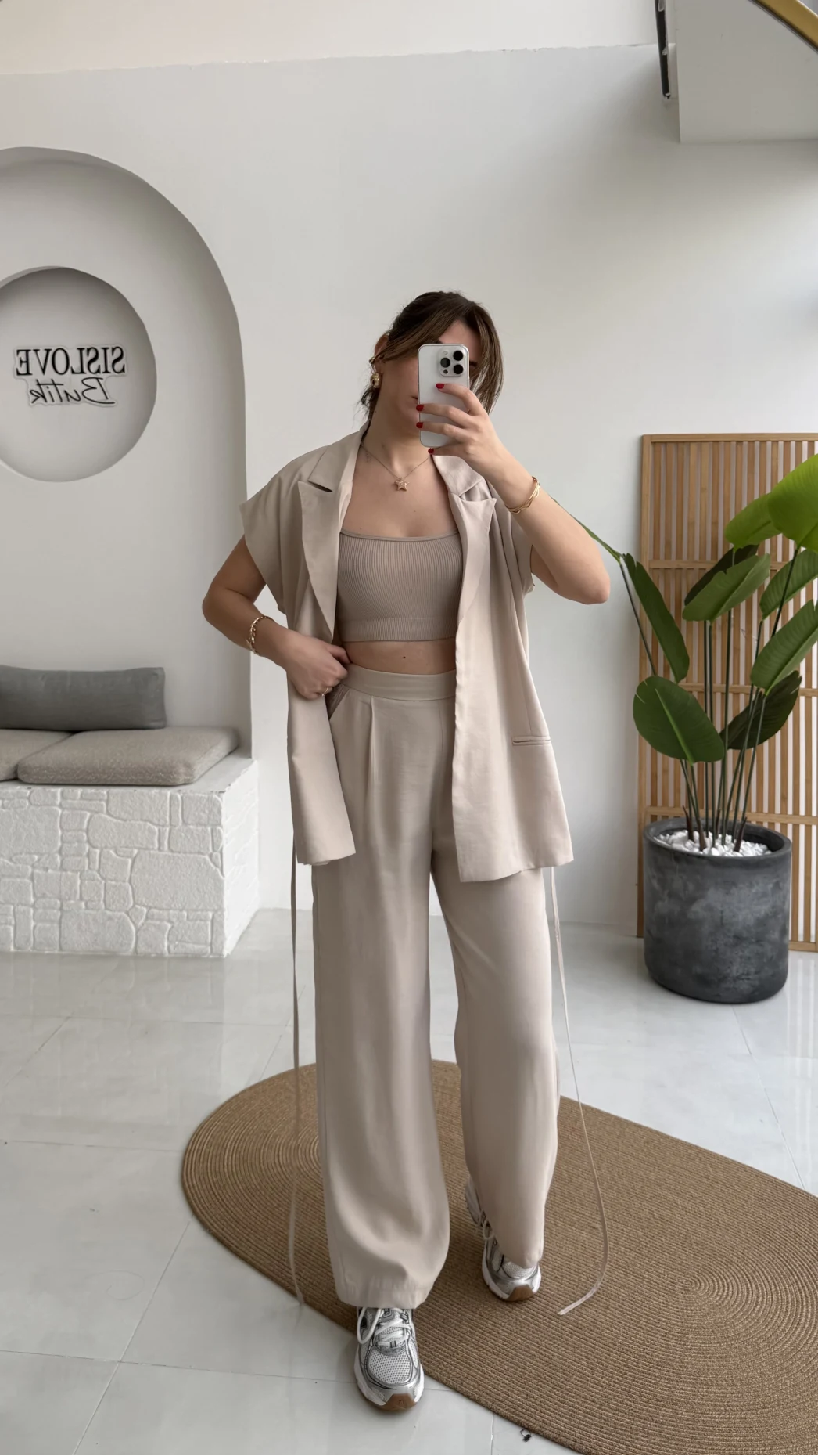 İp Bağlamalı Yelek Pantolon Takım - Taş - Kod: 8021 4041