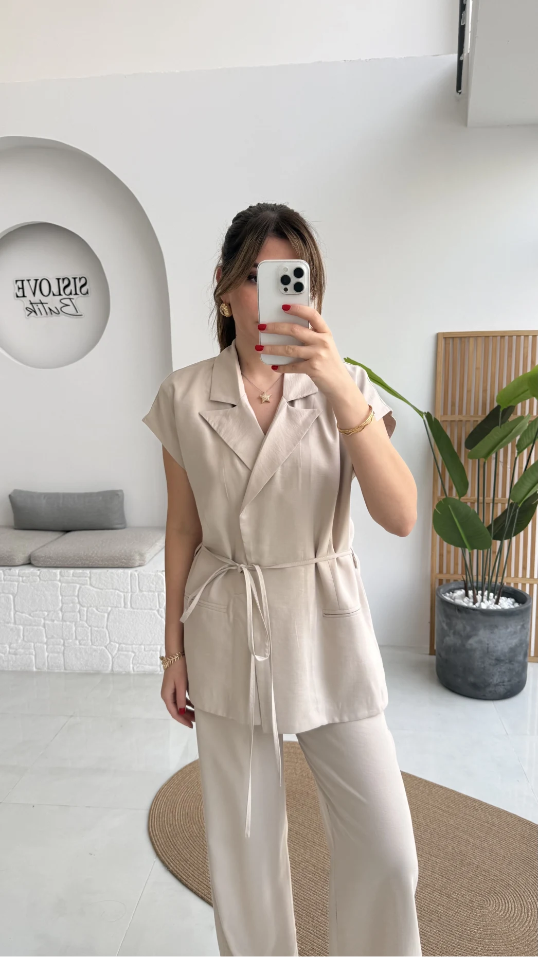 İp Bağlamalı Yelek Pantolon Takım - Taş - Kod: 8021 4041