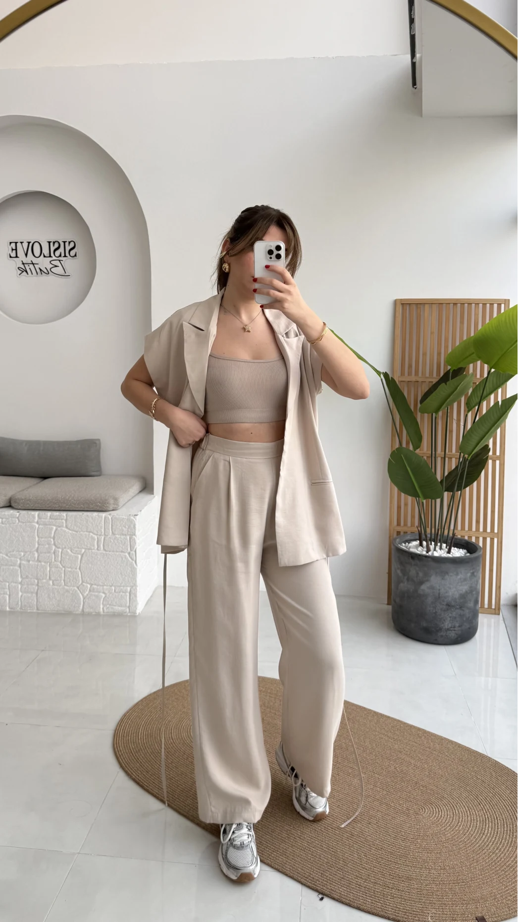 İp Bağlamalı Yelek Pantolon Takım - Taş - Kod: 8021 4041