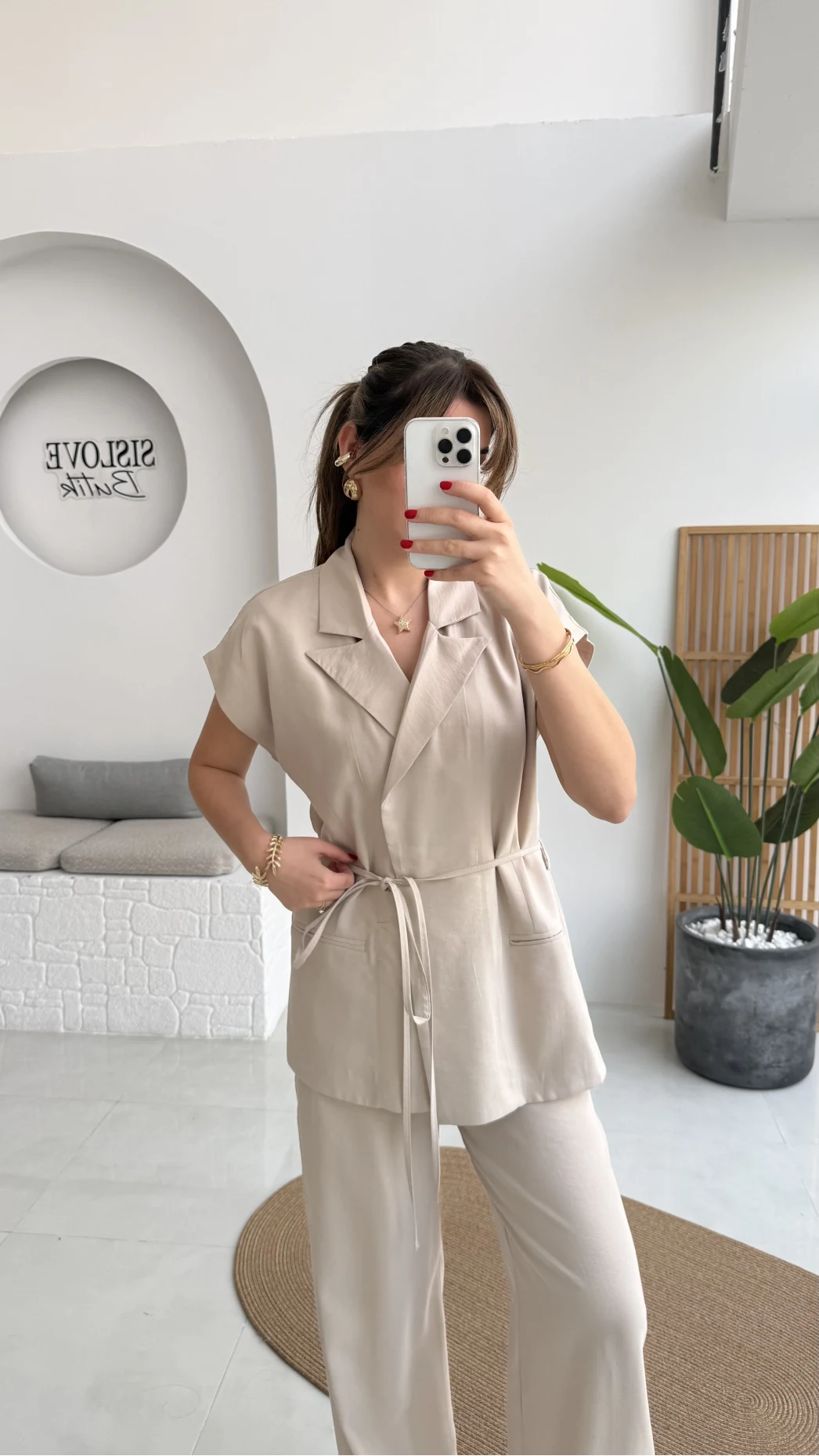 İp Bağlamalı Yelek Pantolon Takım - Taş - Kod: 8021 4041