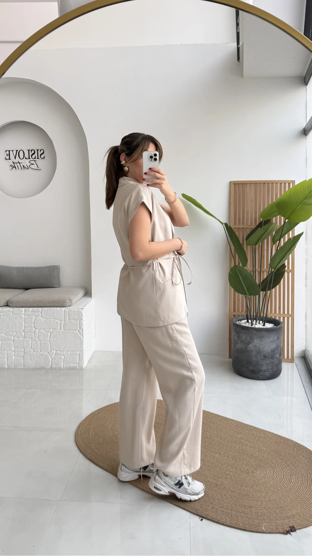 İp Bağlamalı Yelek Pantolon Takım - Taş - Kod: 8021 4041