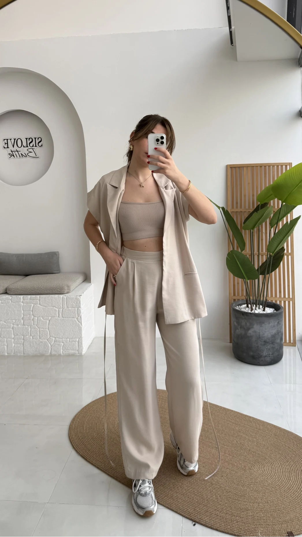 İp Bağlamalı Yelek Pantolon Takım - Taş - Kod: 8021 4041