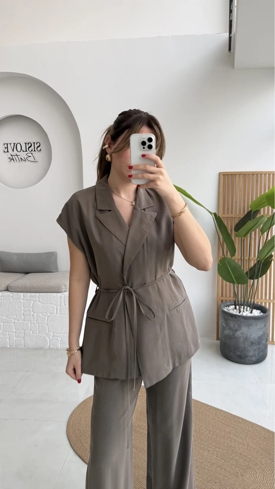 İp Bağlamalı Yelek Pantolon Takım - Haki - Kod: 8021 4041