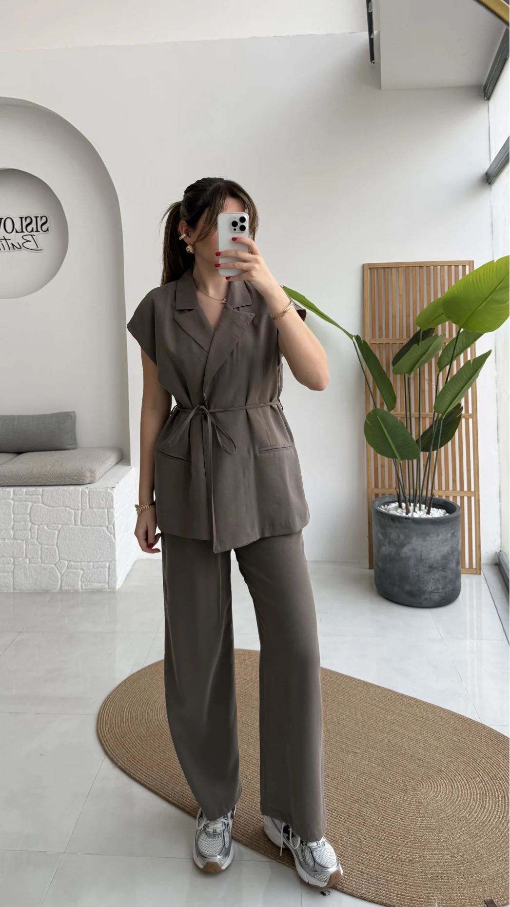 İp Bağlamalı Yelek Pantolon Takım - Haki - Kod: 8021 4041