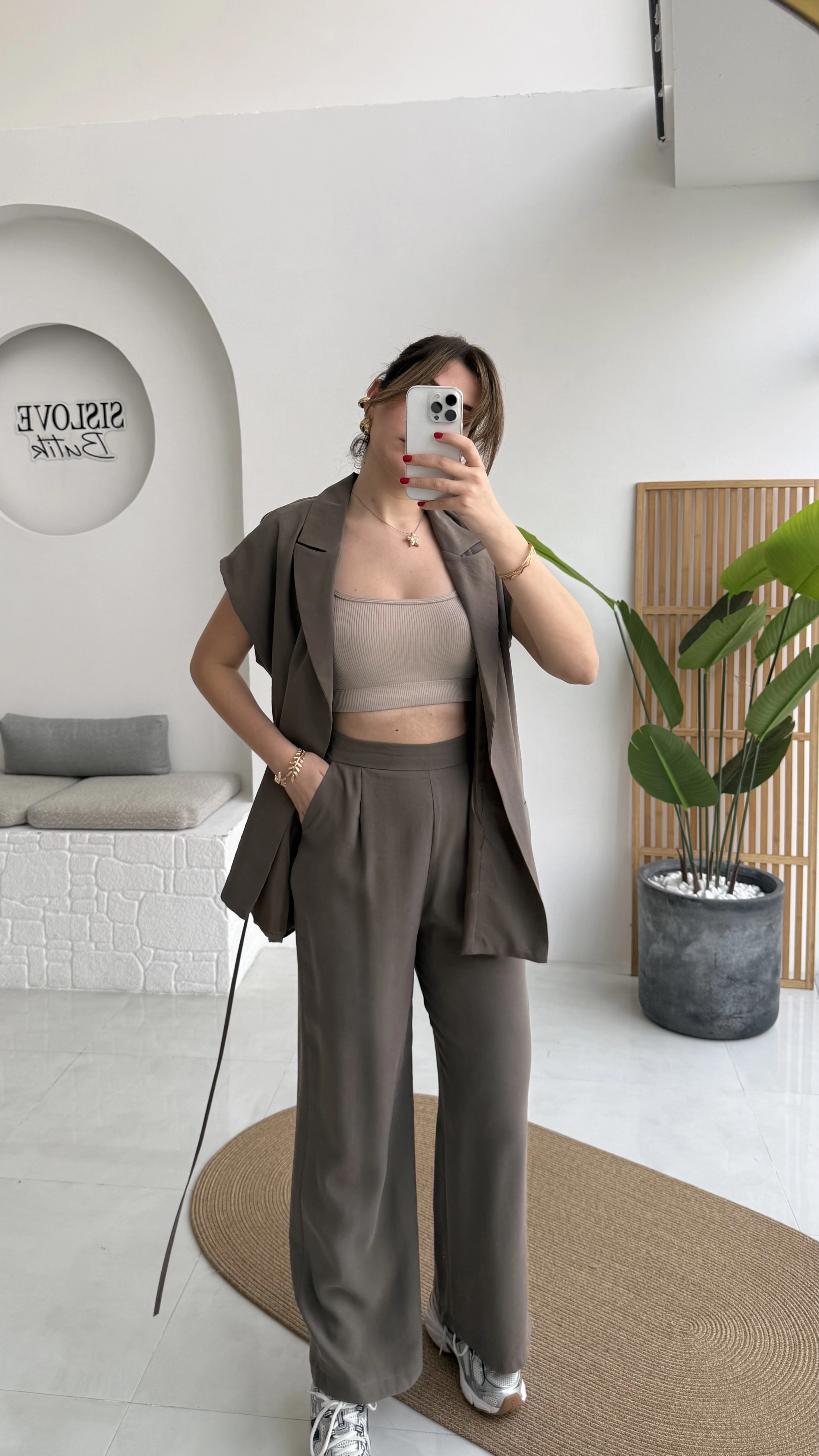 İp Bağlamalı Yelek Pantolon Takım - Haki - Kod: 8021 4041