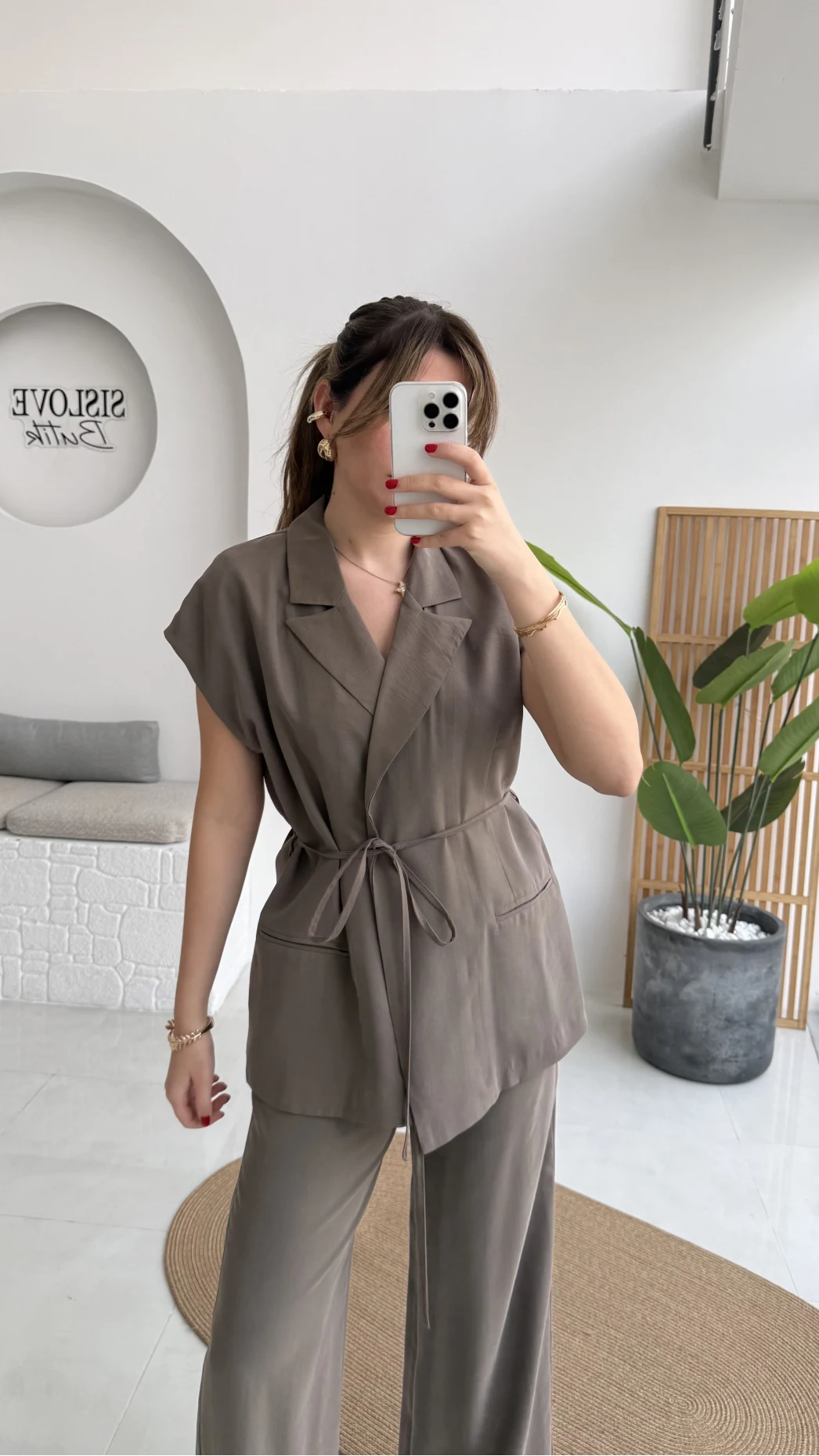 İp Bağlamalı Yelek Pantolon Takım - Haki - Kod: 8021 4041