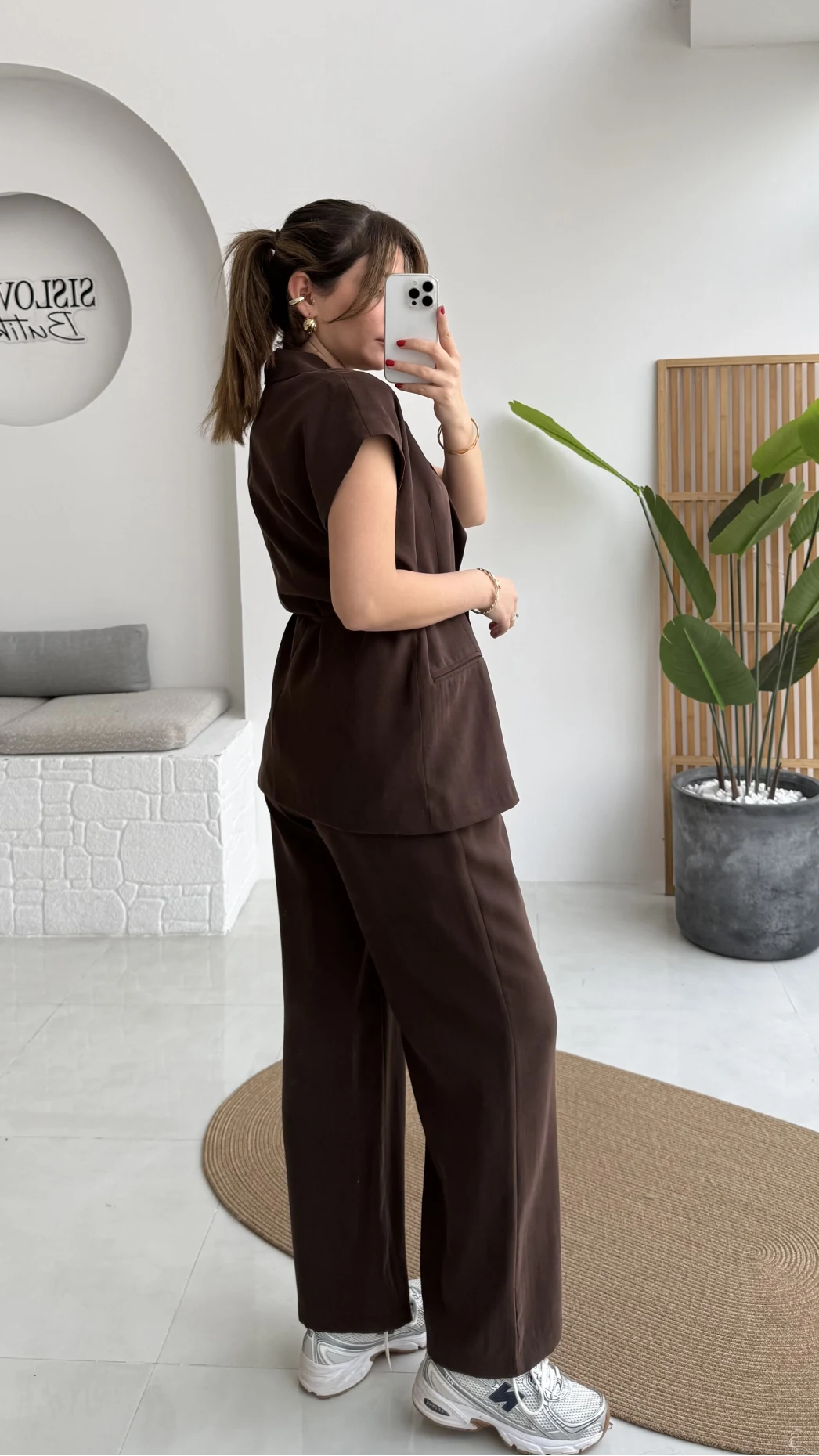 İp Bağlamalı Yelek Pantolon Takım - Kahverengi - Kod: 8021 4041