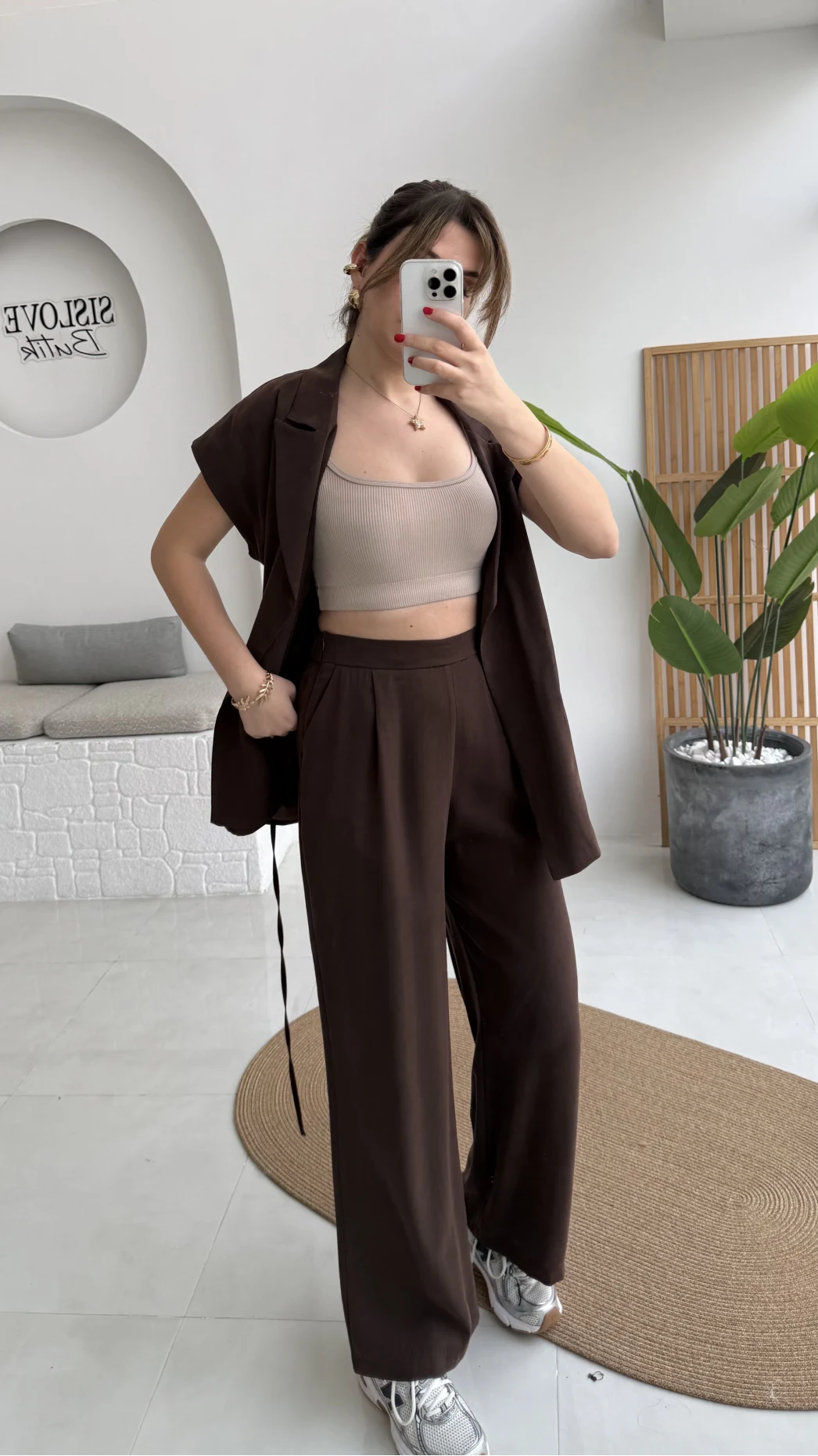 İp Bağlamalı Yelek Pantolon Takım - Kahverengi - Kod: 8021 4041